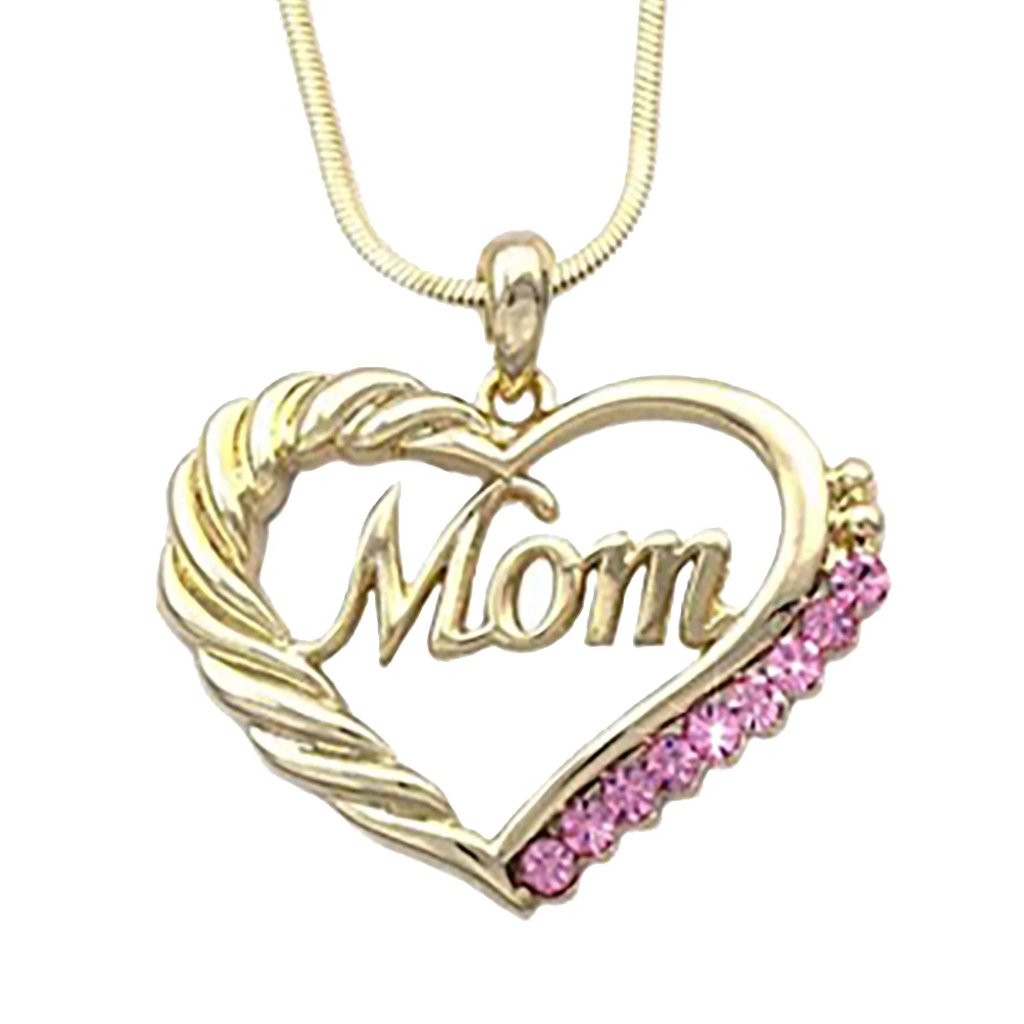 Mom Heart Pendant Necklace Pink Birthstone Gold Tone Mother’s Day Gift